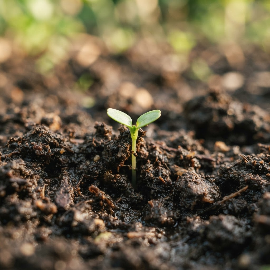Close-up of rich dark soil with a young green seedling sprouting